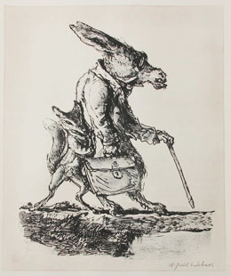 Der kluge Fuchs bringt den Esel auf dem Wege voran (Lithographie von A. Paul Weber)