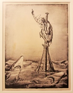 Lithographie: A. Paul Weber: Der Heilige Antonius predigt den Fischen