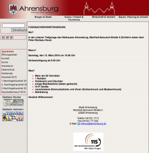 Eröffnungsseite der Homepage von Ahrensburg (Kreis Stormarn)